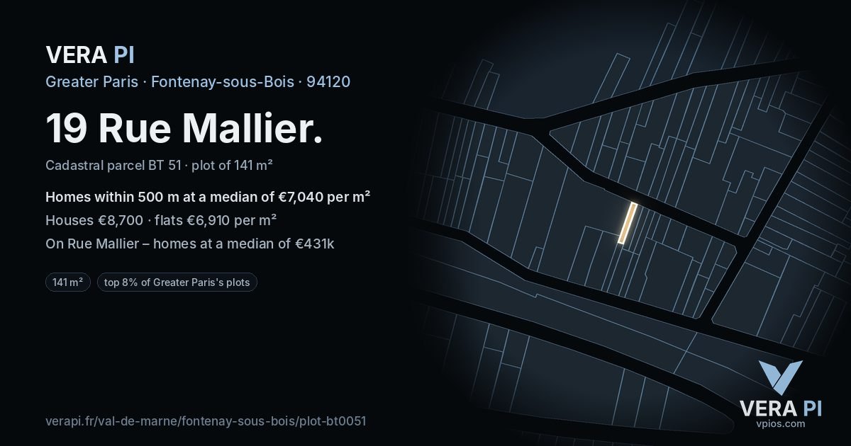 19 Rue Mallier, Fontenay-sous-Bois at night – the plot lit, the parcels around coloured by the prices near them