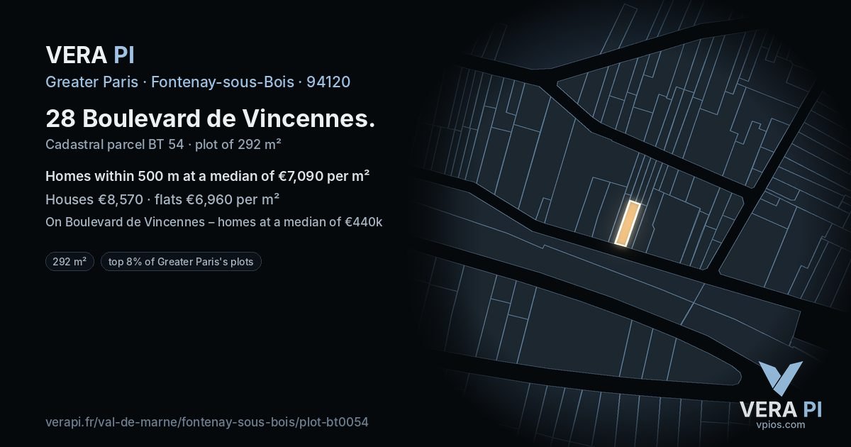 28 Boulevard de Vincennes, Fontenay-sous-Bois at night – the plot lit, the parcels around coloured by the prices near them