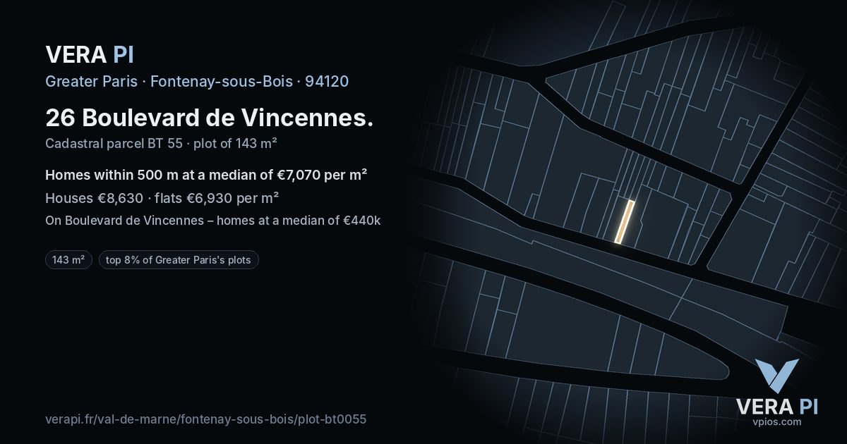 26 Boulevard de Vincennes, Fontenay-sous-Bois at night – the plot lit, the parcels around coloured by the prices near them