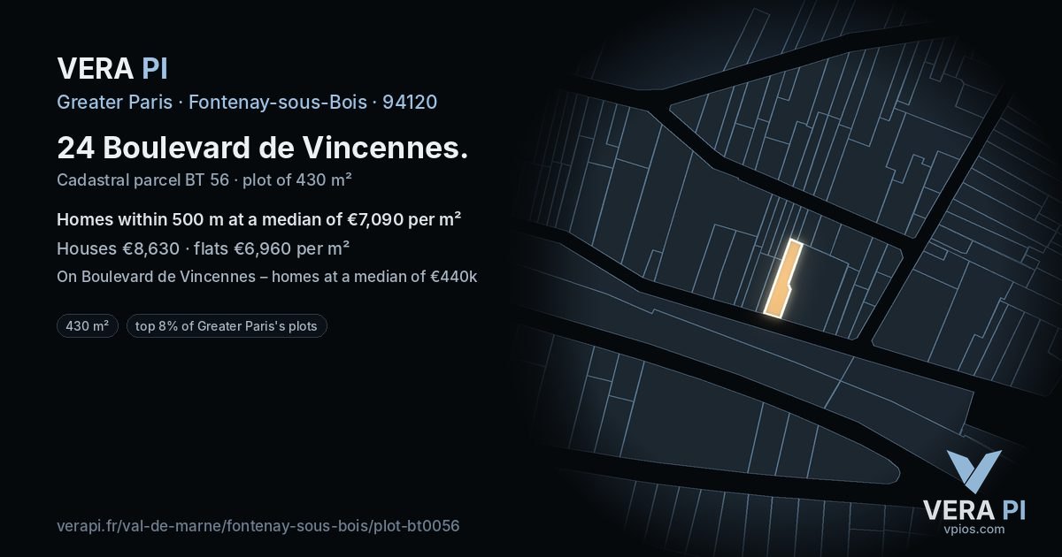 24 Boulevard de Vincennes, Fontenay-sous-Bois at night – the plot lit, the parcels around coloured by the prices near them
