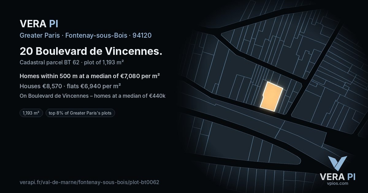 20 Boulevard de Vincennes, Fontenay-sous-Bois at night – the plot lit, the parcels around coloured by the prices near them