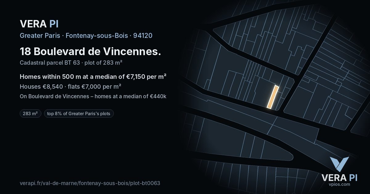18 Boulevard de Vincennes, Fontenay-sous-Bois at night – the plot lit, the parcels around coloured by the prices near them