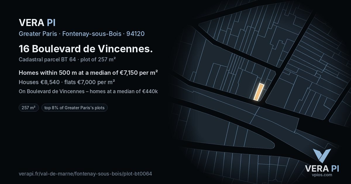 16 Boulevard de Vincennes, Fontenay-sous-Bois at night – the plot lit, the parcels around coloured by the prices near them
