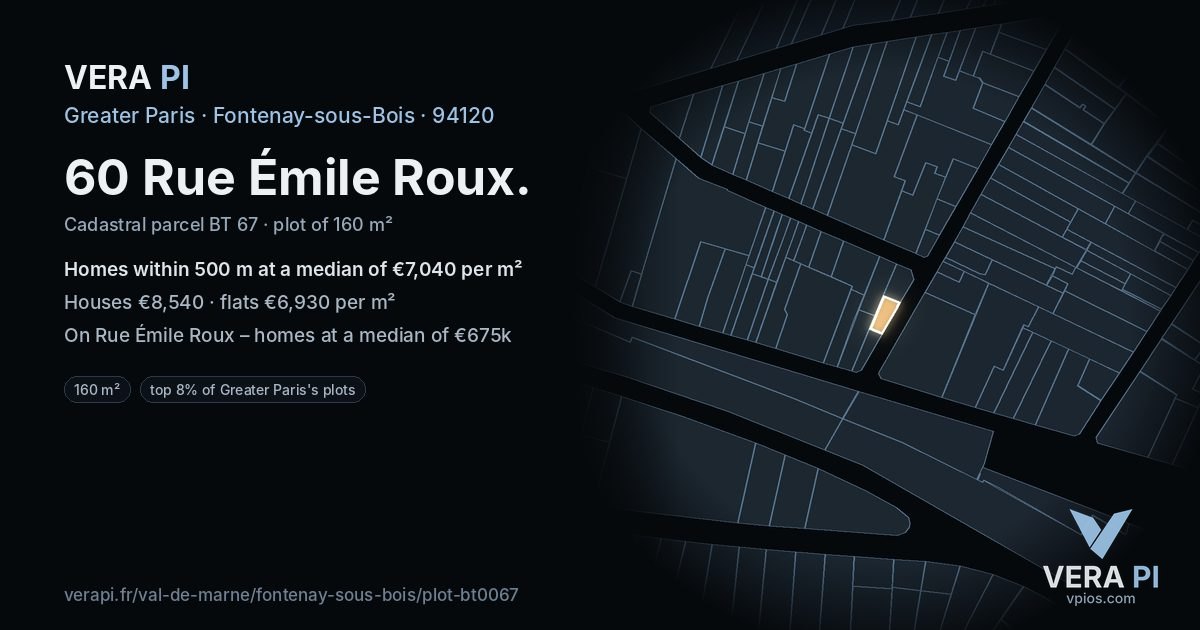 60 Rue Émile Roux, Fontenay-sous-Bois at night – the plot lit, the parcels around coloured by the prices near them