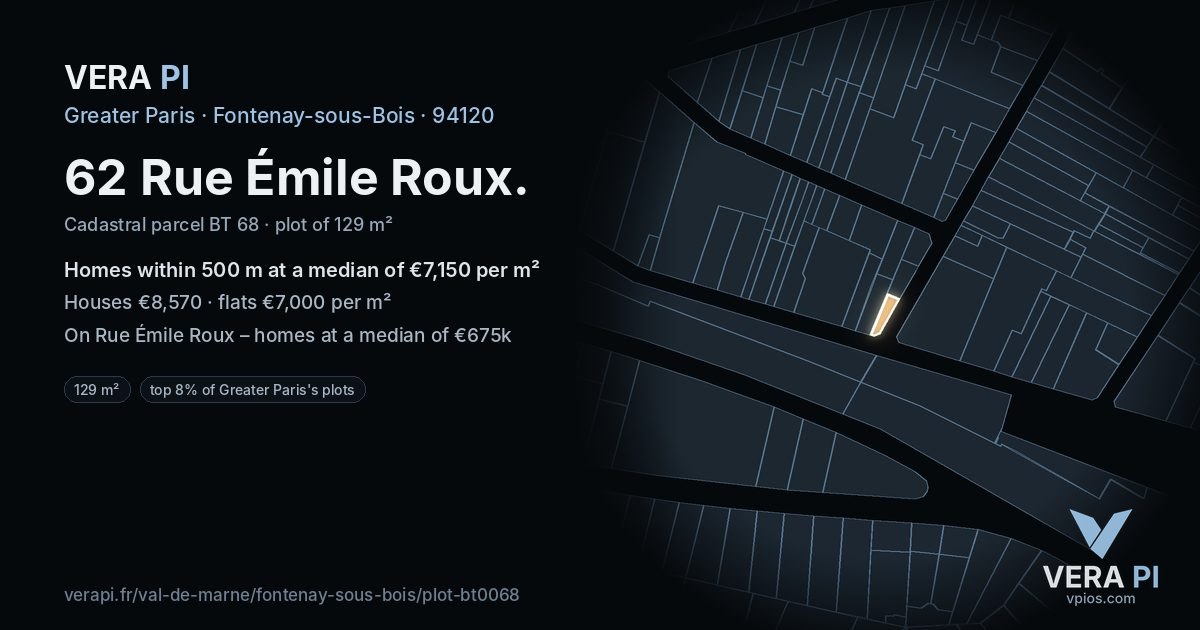 62 Rue Émile Roux, Fontenay-sous-Bois at night – the plot lit, the parcels around coloured by the prices near them
