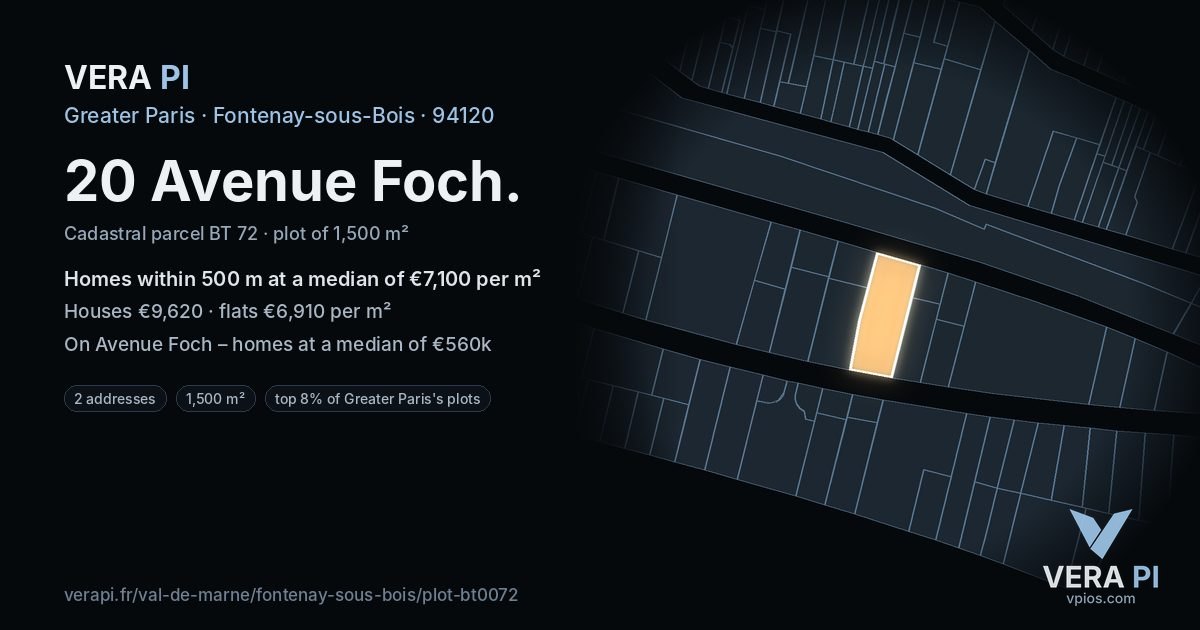 20 Avenue Foch, Fontenay-sous-Bois at night – the plot lit, the parcels around coloured by the prices near them