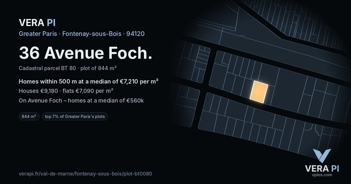 36 Avenue Foch, Fontenay-sous-Bois at night – the plot lit, the parcels around coloured by the prices near them