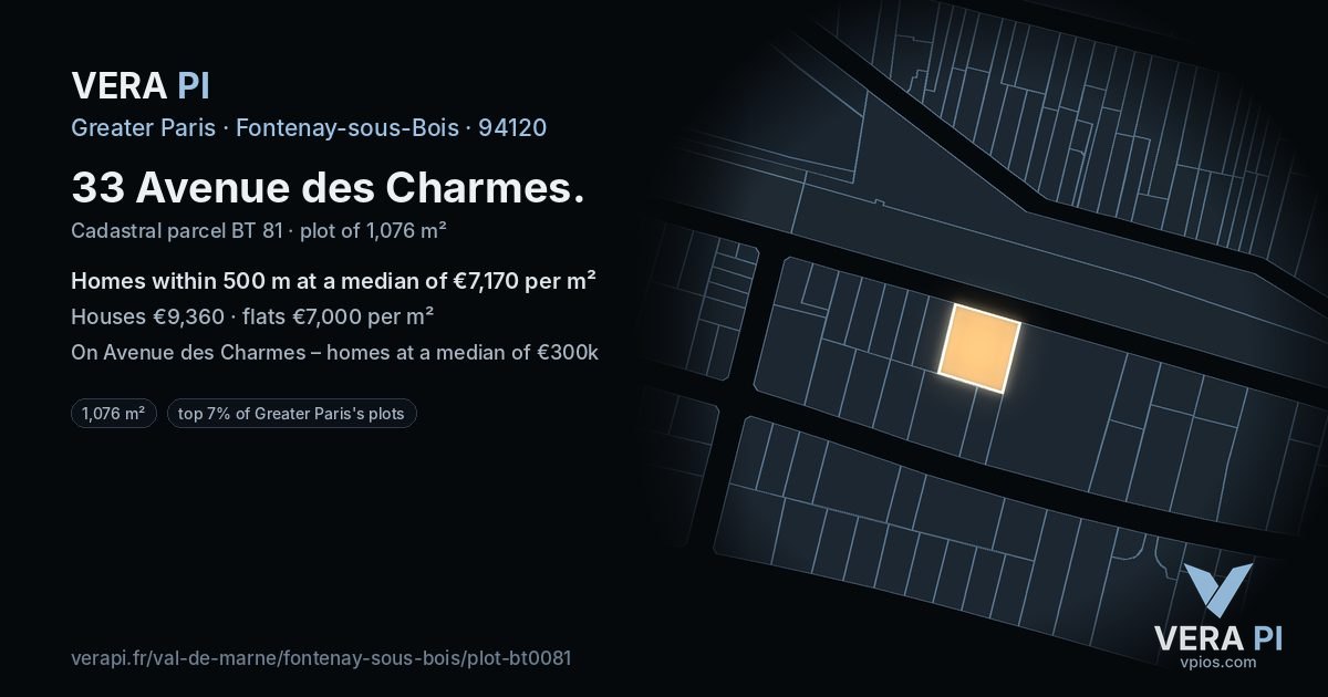 33 Avenue des Charmes, Fontenay-sous-Bois at night – the plot lit, the parcels around coloured by the prices near them