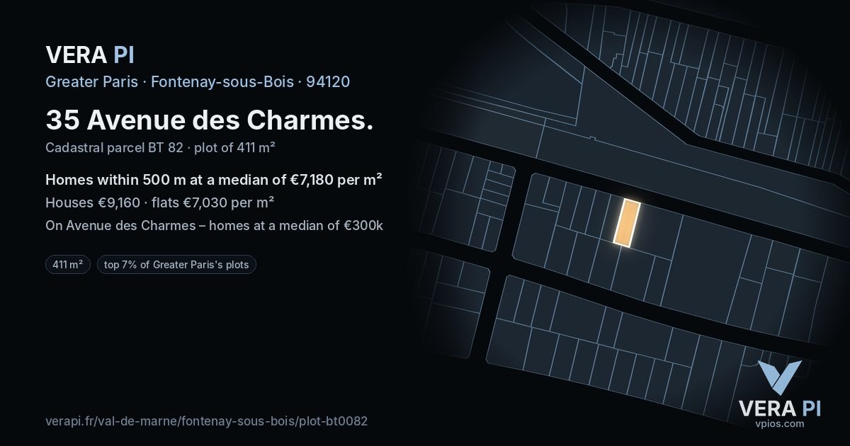 35 Avenue des Charmes, Fontenay-sous-Bois at night – the plot lit, the parcels around coloured by the prices near them