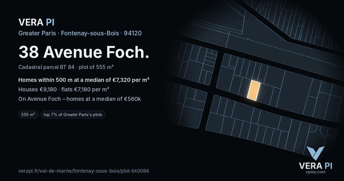 38 Avenue Foch, Fontenay-sous-Bois at night – the plot lit, the parcels around coloured by the prices near them