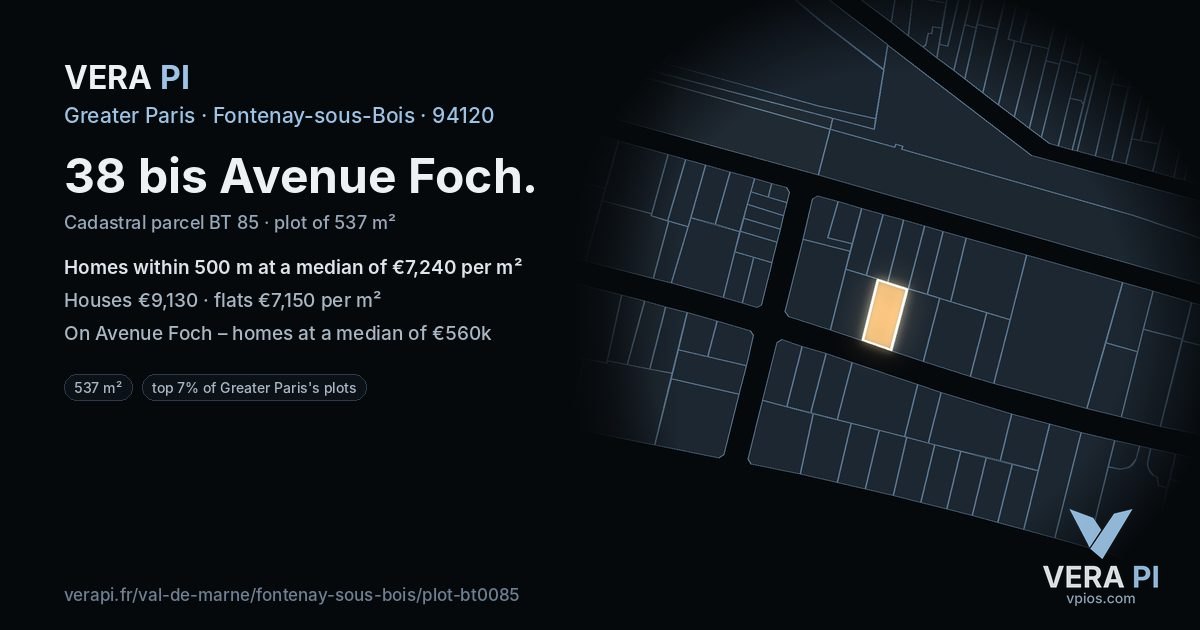 38 bis Avenue Foch, Fontenay-sous-Bois at night – the plot lit, the parcels around coloured by the prices near them