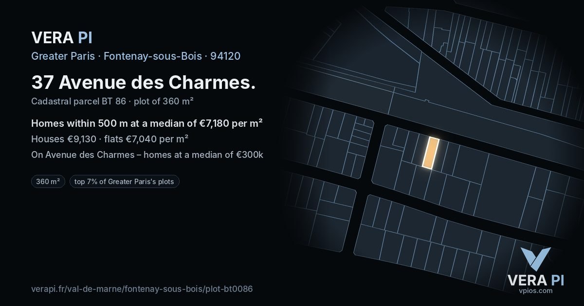 37 Avenue des Charmes, Fontenay-sous-Bois at night – the plot lit, the parcels around coloured by the prices near them