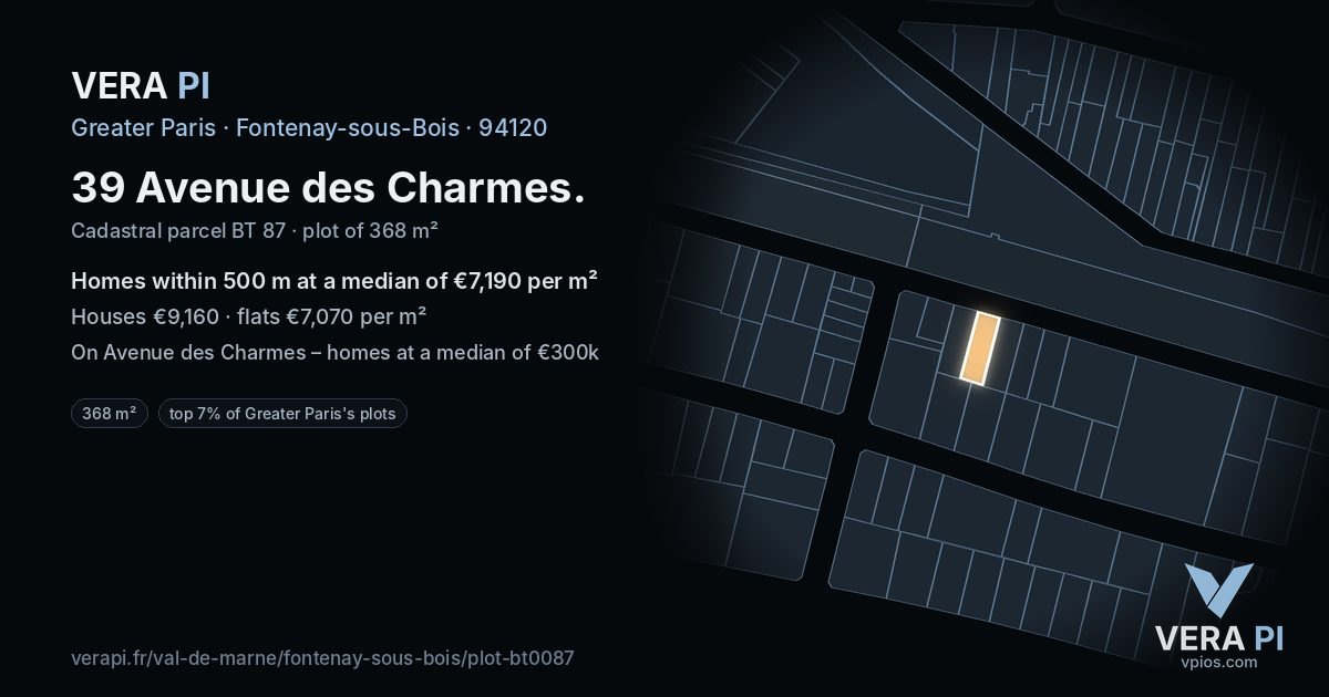 39 Avenue des Charmes, Fontenay-sous-Bois at night – the plot lit, the parcels around coloured by the prices near them