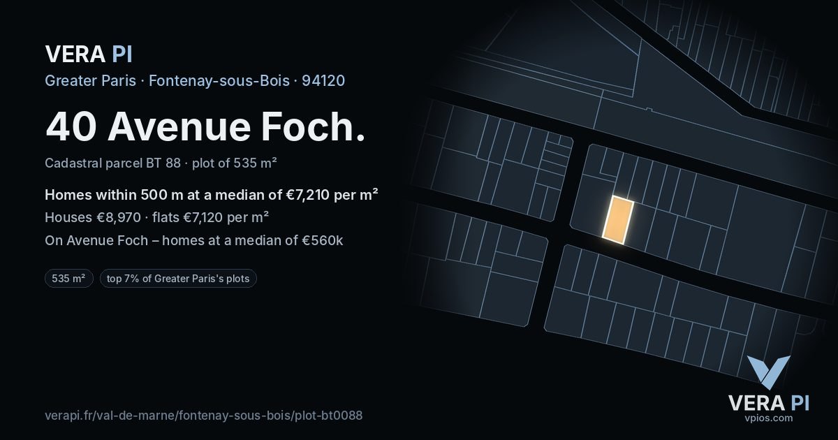 40 Avenue Foch, Fontenay-sous-Bois at night – the plot lit, the parcels around coloured by the prices near them
