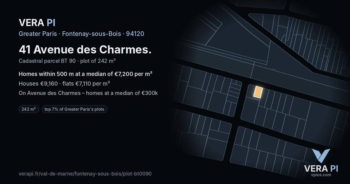 41 Avenue des Charmes, Fontenay-sous-Bois at night – the plot lit, the parcels around coloured by the prices near them