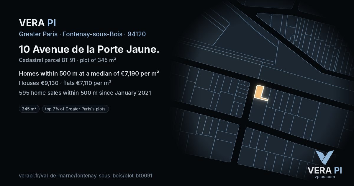 10 Avenue de la Porte Jaune, Fontenay-sous-Bois at night – the plot lit, the parcels around coloured by the prices near them