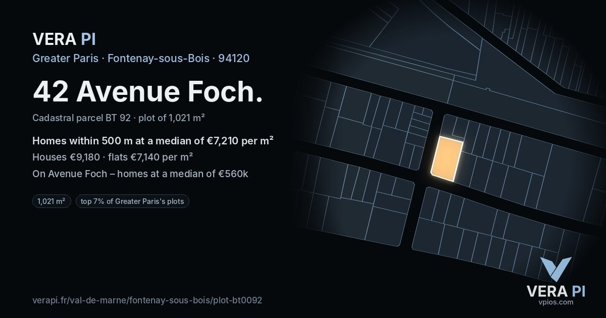 42 Avenue Foch, Fontenay-sous-Bois at night – the plot lit, the parcels around coloured by the prices near them