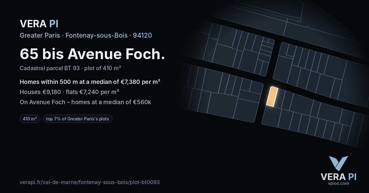 65 bis Avenue Foch, Fontenay-sous-Bois at night – the plot lit, the parcels around coloured by the prices near them