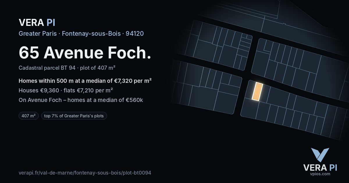 65 Avenue Foch, Fontenay-sous-Bois at night – the plot lit, the parcels around coloured by the prices near them