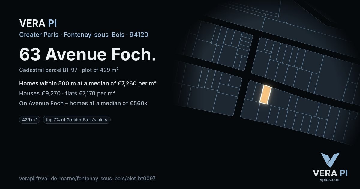 63 Avenue Foch, Fontenay-sous-Bois at night – the plot lit, the parcels around coloured by the prices near them