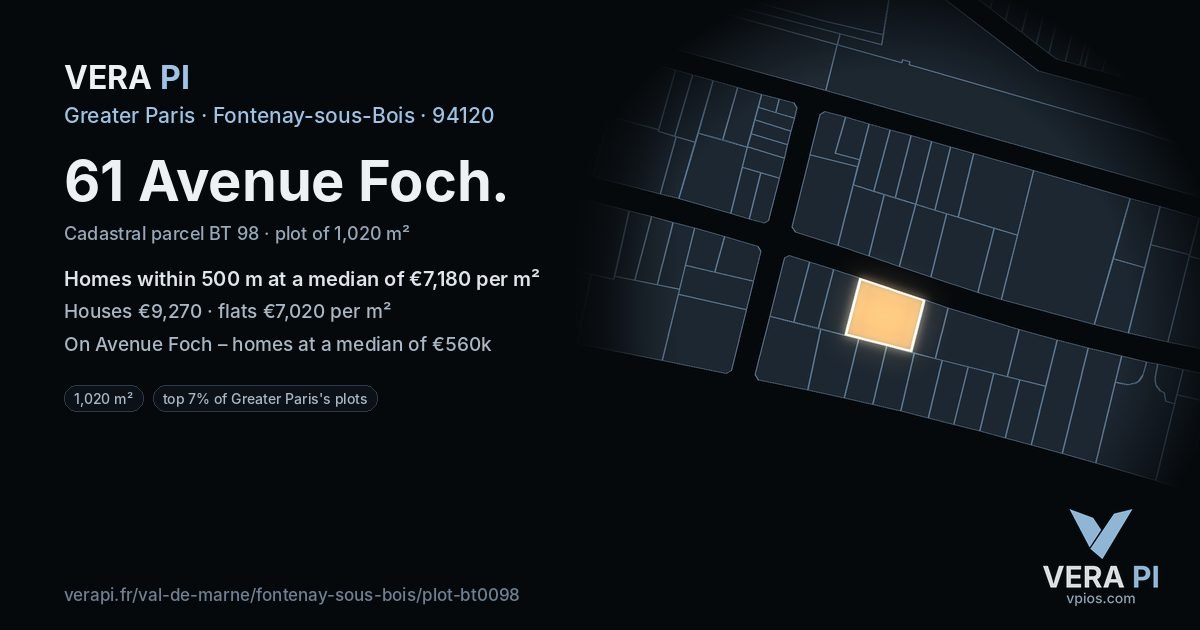 61 Avenue Foch, Fontenay-sous-Bois at night – the plot lit, the parcels around coloured by the prices near them