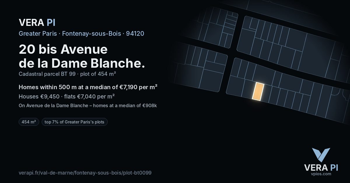 20 bis Avenue de la Dame Blanche, Fontenay-sous-Bois at night – the plot lit, the parcels around coloured by the prices near them