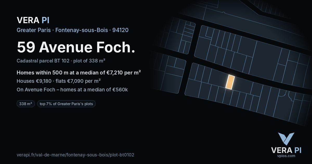 59 Avenue Foch, Fontenay-sous-Bois at night – the plot lit, the parcels around coloured by the prices near them