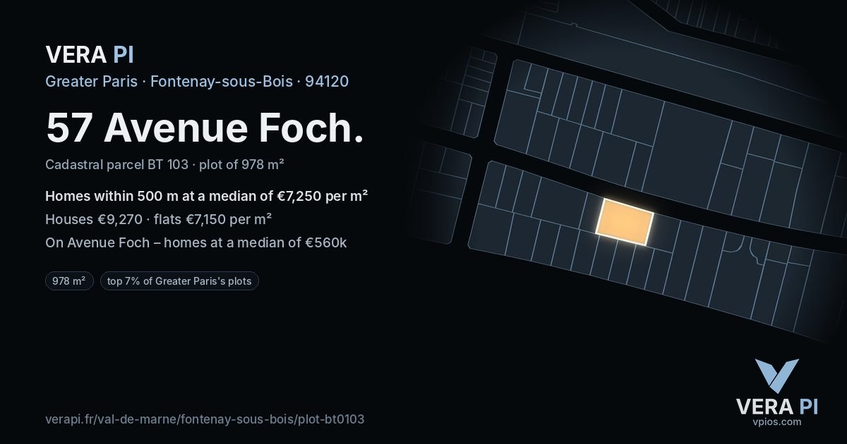 57 Avenue Foch, Fontenay-sous-Bois at night – the plot lit, the parcels around coloured by the prices near them