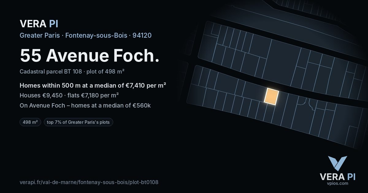 55 Avenue Foch, Fontenay-sous-Bois at night – the plot lit, the parcels around coloured by the prices near them