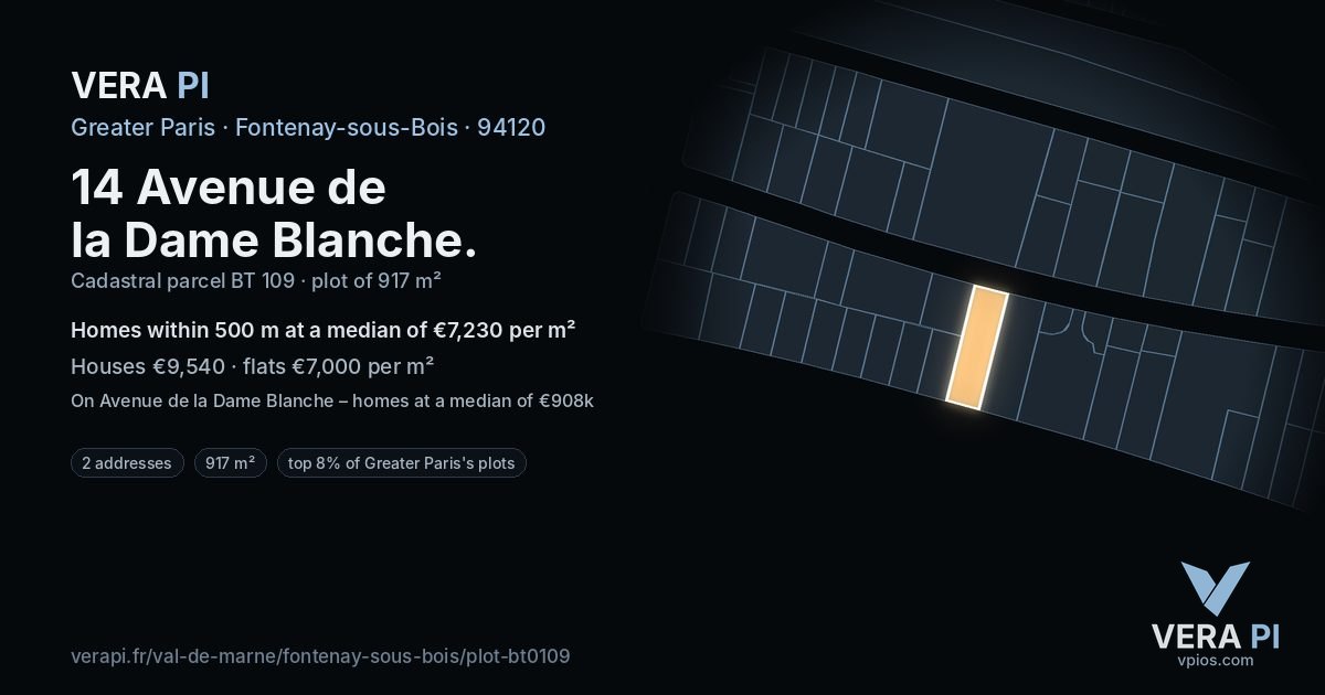 14 Avenue de la Dame Blanche, Fontenay-sous-Bois at night – the plot lit, the parcels around coloured by the prices near them