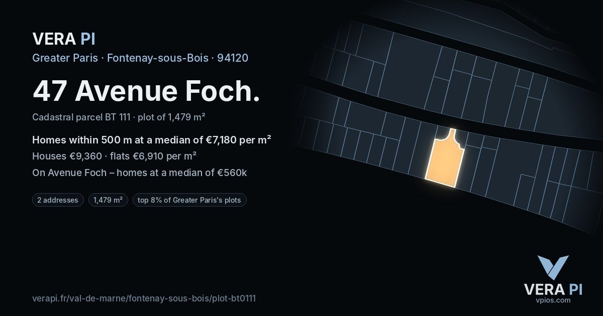 47 Avenue Foch, Fontenay-sous-Bois at night – the plot lit, the parcels around coloured by the prices near them
