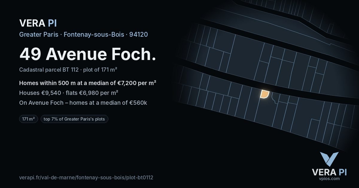 49 Avenue Foch, Fontenay-sous-Bois at night – the plot lit, the parcels around coloured by the prices near them