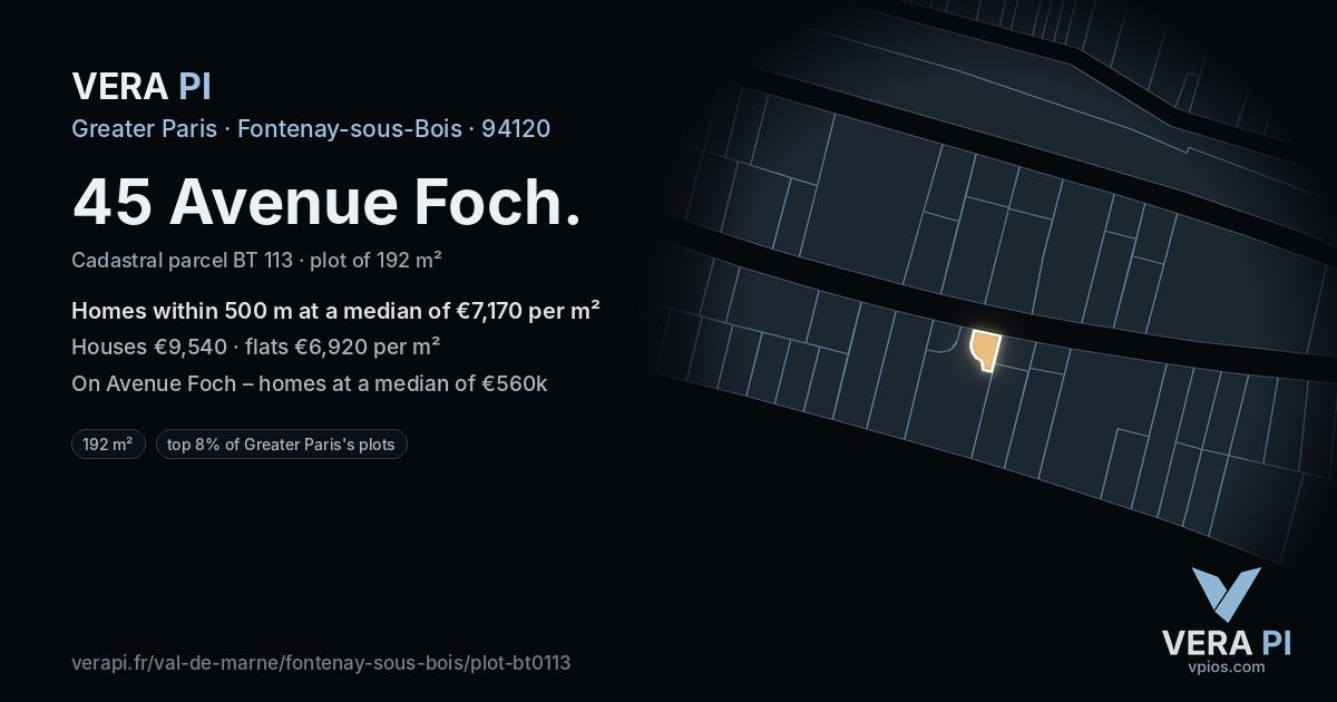 45 Avenue Foch, Fontenay-sous-Bois at night – the plot lit, the parcels around coloured by the prices near them