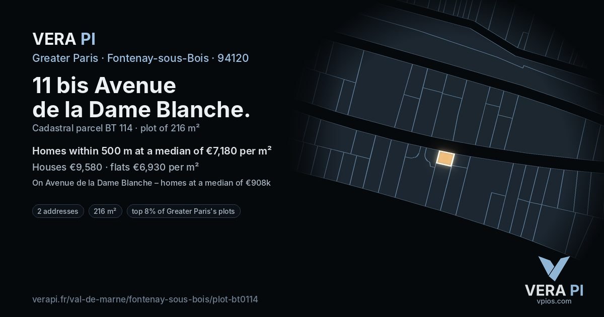 11 bis Avenue de la Dame Blanche, Fontenay-sous-Bois at night – the plot lit, the parcels around coloured by the prices near them