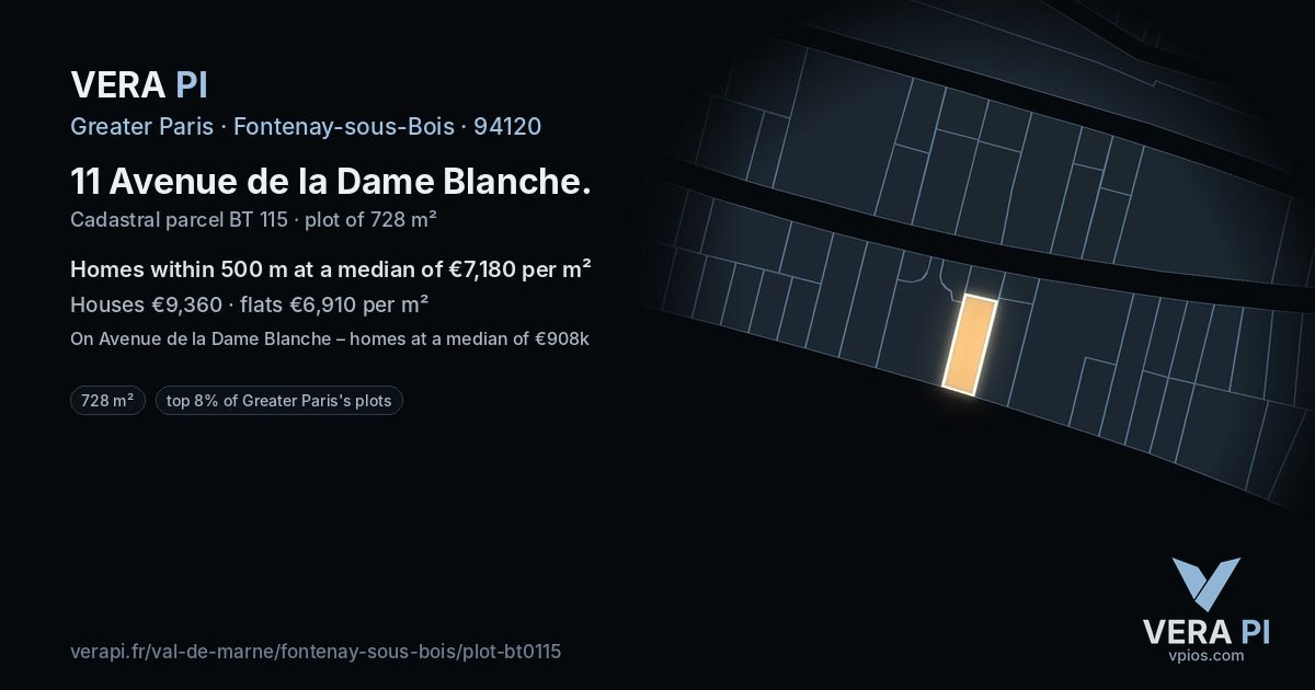 11 Avenue de la Dame Blanche, Fontenay-sous-Bois at night – the plot lit, the parcels around coloured by the prices near them