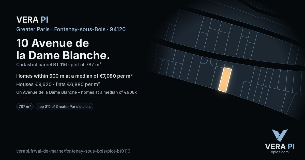 10 Avenue de la Dame Blanche, Fontenay-sous-Bois at night – the plot lit, the parcels around coloured by the prices near them