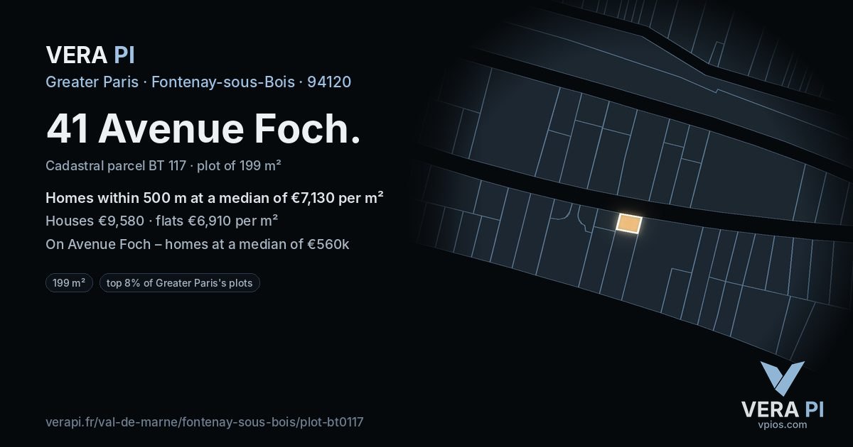 41 Avenue Foch, Fontenay-sous-Bois at night – the plot lit, the parcels around coloured by the prices near them
