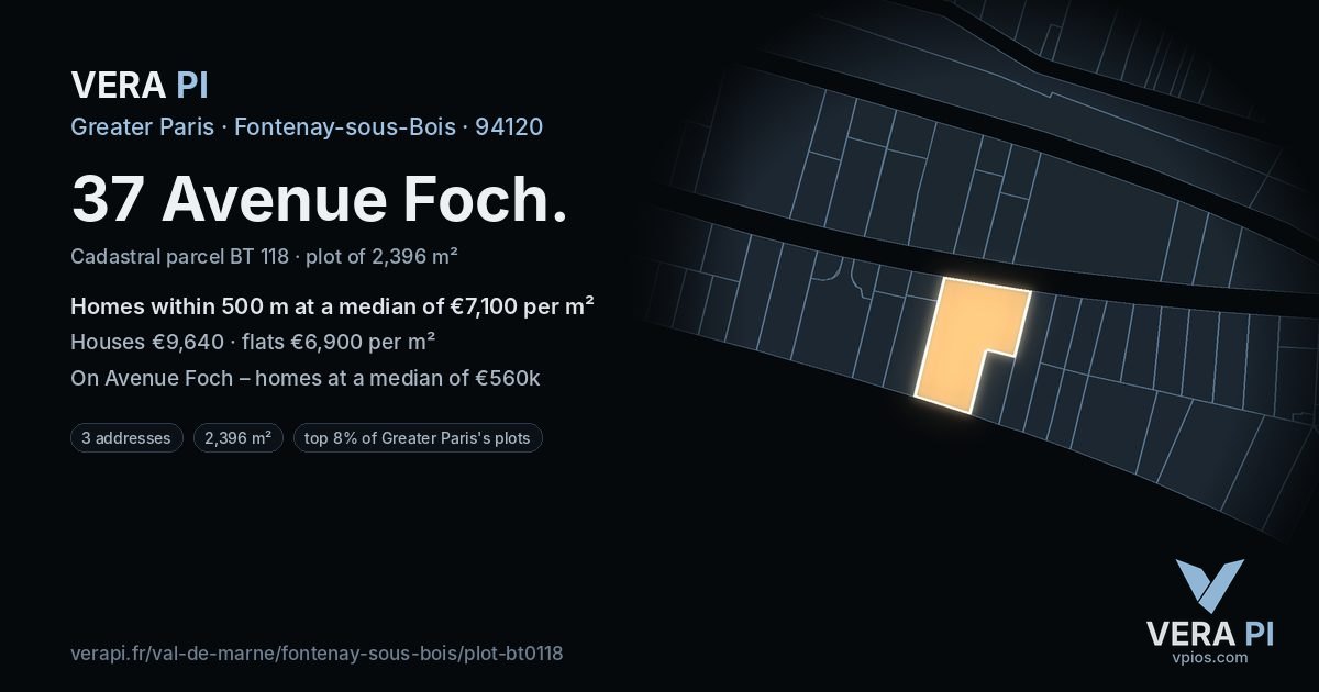 37 Avenue Foch, Fontenay-sous-Bois at night – the plot lit, the parcels around coloured by the prices near them