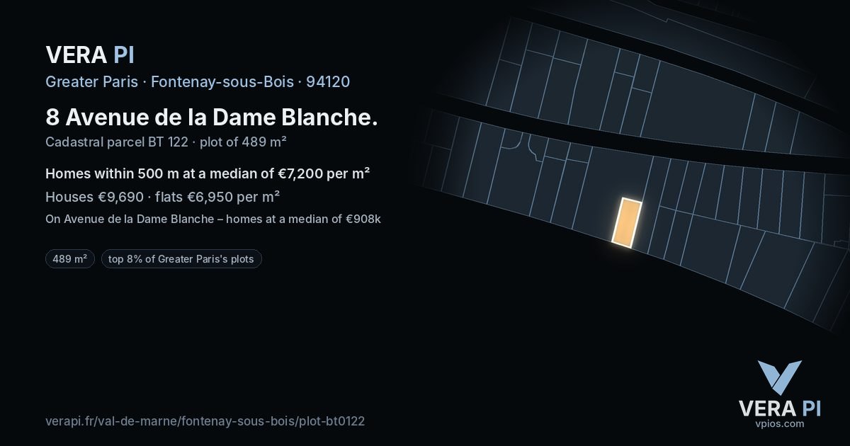 8 Avenue de la Dame Blanche, Fontenay-sous-Bois at night – the plot lit, the parcels around coloured by the prices near them