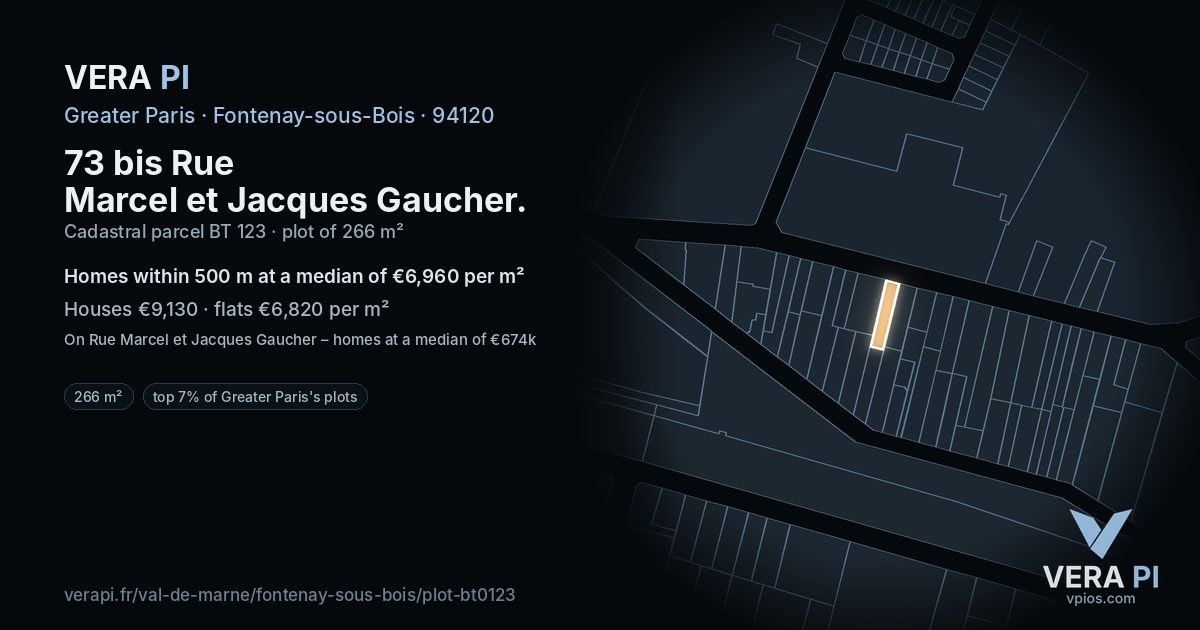 73 bis Rue Marcel et Jacques Gaucher, Fontenay-sous-Bois at night – the plot lit, the parcels around coloured by the prices near them