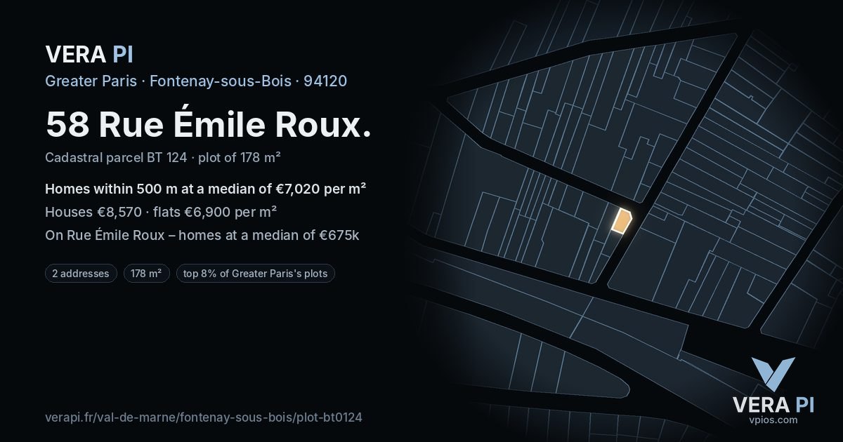 58 Rue Émile Roux, Fontenay-sous-Bois at night – the plot lit, the parcels around coloured by the prices near them