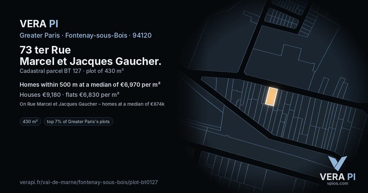 73 ter Rue Marcel et Jacques Gaucher, Fontenay-sous-Bois at night – the plot lit, the parcels around coloured by the prices near them