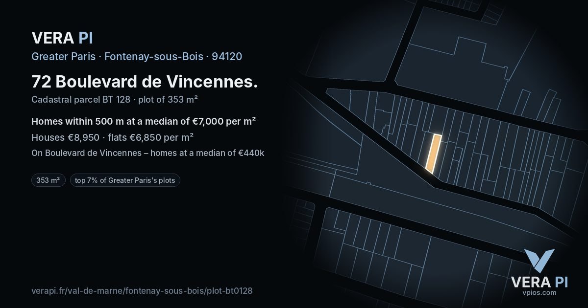 72 Boulevard de Vincennes, Fontenay-sous-Bois at night – the plot lit, the parcels around coloured by the prices near them