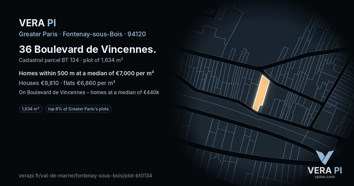 36 Boulevard de Vincennes, Fontenay-sous-Bois at night – the plot lit, the parcels around coloured by the prices near them