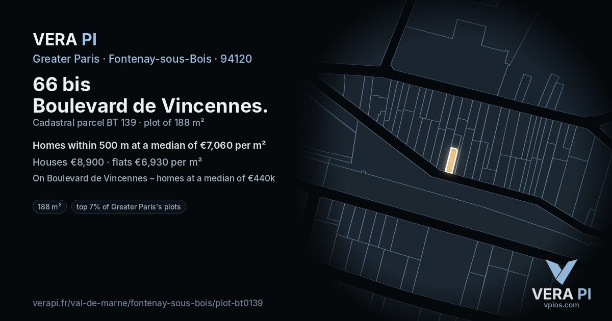 66 bis Boulevard de Vincennes, Fontenay-sous-Bois at night – the plot lit, the parcels around coloured by the prices near them