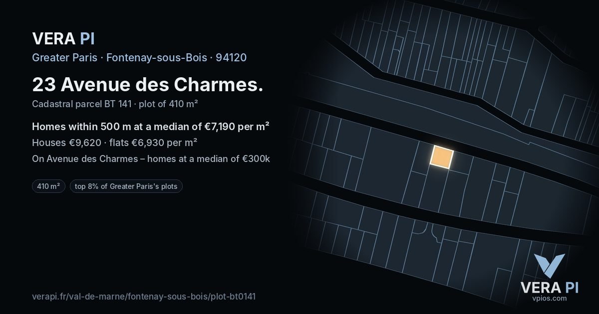 23 Avenue des Charmes, Fontenay-sous-Bois at night – the plot lit, the parcels around coloured by the prices near them