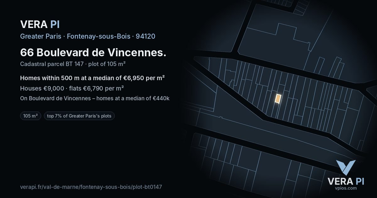 66 Boulevard de Vincennes, Fontenay-sous-Bois at night – the plot lit, the parcels around coloured by the prices near them