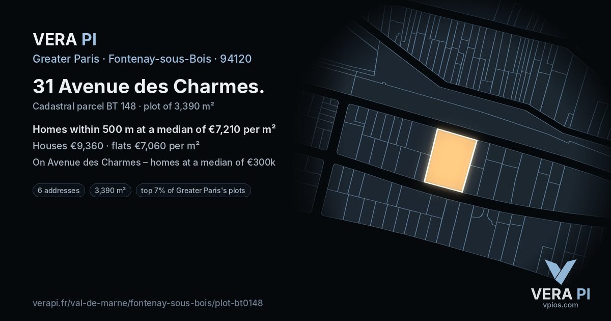 31 Avenue des Charmes, Fontenay-sous-Bois at night – the plot lit, the parcels around coloured by the prices near them