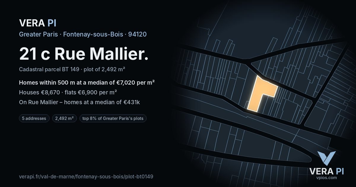 21 c Rue Mallier, Fontenay-sous-Bois at night – the plot lit, the parcels around coloured by the prices near them