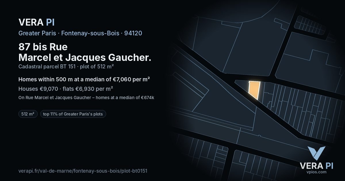 87 bis Rue Marcel et Jacques Gaucher, Fontenay-sous-Bois at night – the plot lit, the parcels around coloured by the prices near them